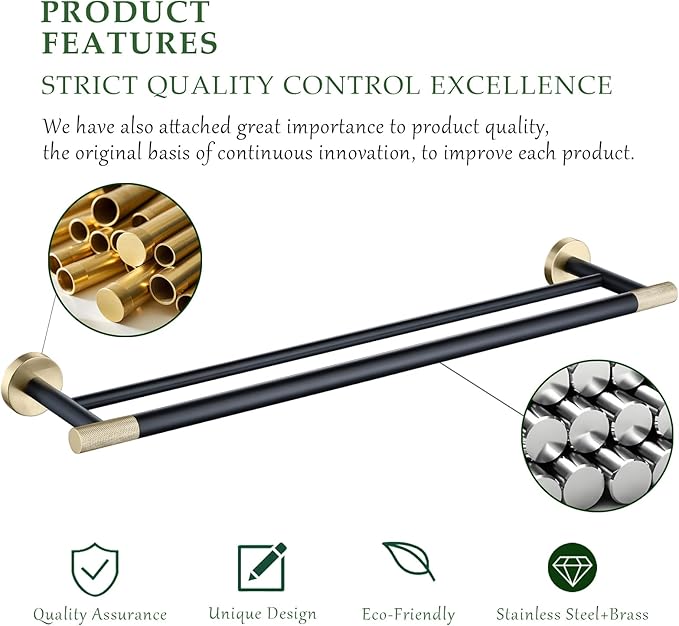 24 Inch Black and Gold Double Towel Bar, Rust-Resistant 304 Stainless Steel with Solid Brass Knurled Accents, Wall-Mounted for Bathroom & Shower