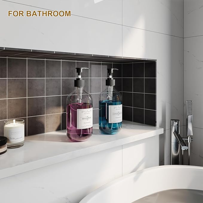 2PCS Amber Dish Soap Dispenser for Kitchen (16 Oz), Brown Hand Soap Dispenser for Bathroom, Plastic Soap and Liquid Dispenser Set with Rust Proof Pump, Refillable Soap Pump Bottles, Waterproof Labels