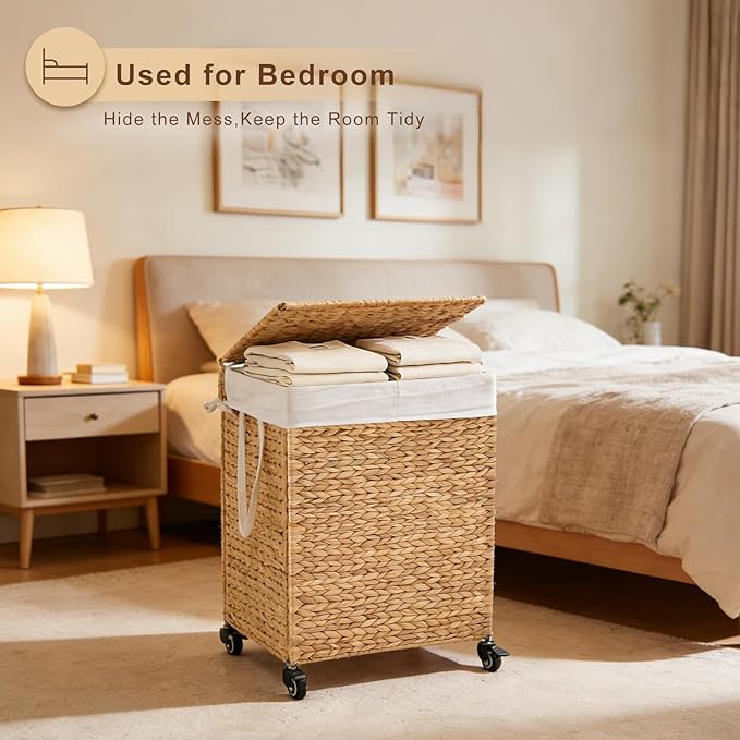 2-Section Laundry Hamper with Lid, Large Capacity Woven Natural Water Hyacinth Laundry Sorter with Removable Liners, Rolling or Non-Slip Design for Bedroom(Natural, 100L)