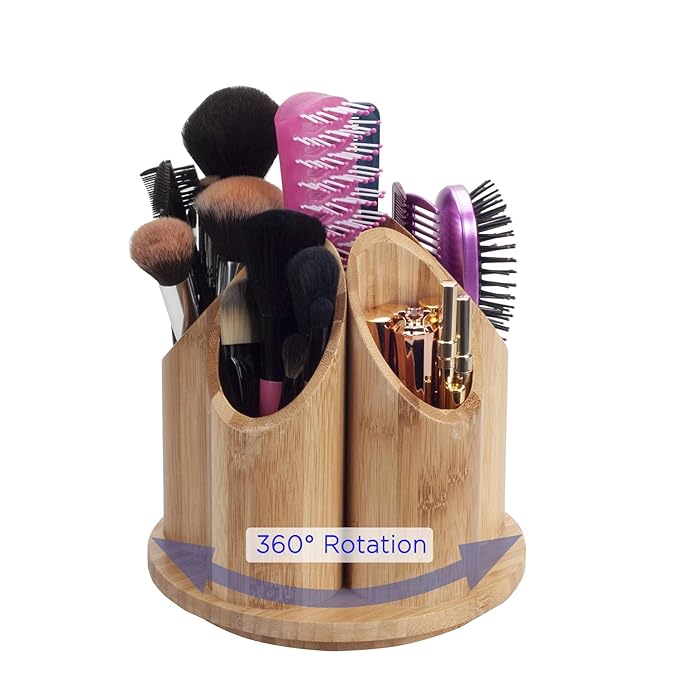 MobileVision Bamboo Circular Rotating Makeup Organizer, 5 Sections for Cosmetic Brushes, Lipsticks, Eye Liners, Accessories, Beauty Products & More