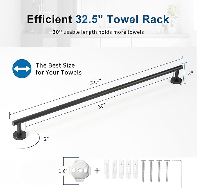 Matte Black Towel Bar, 30 Inch Towel Racks for Bathroom Wall Mounted, Thicken SUS304 Stainless Steel Heavy Duty Hand Towel Holder Organizer, Bathroom Accessories, Total Length 32.5 Inch