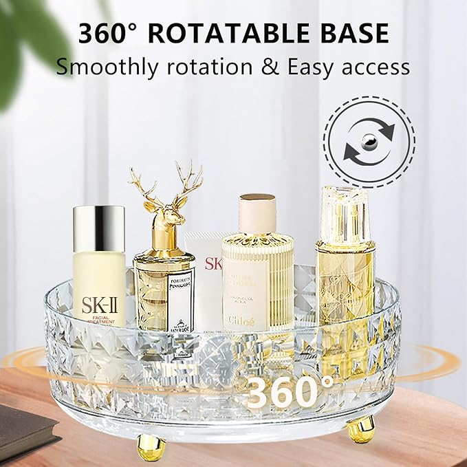 360 Rotating Makeup Organizer for Vanity, Diamond Pattern Skincare Organizer Perfume Lazy Susan Organizer Bathroom Makeup Countertop Spinning Holder, Cosmetic Storage Display Cases (Clear)
