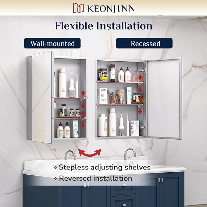 Keonjinn 40 x 26 Inch Medicine Cabinet, Assembly Required, Silver Bathroom Medicine Cabinets Mirror, Lightweight, Adjustable Shelves, Surface Mount or Recessed, Tempered Glass