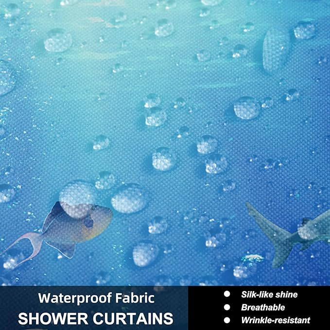 4Pcs Sunlight Sea Fish Bathroom Sets with Rugs, Shark and Turtle Print Machine-Washable Shower Curtain, Bluey Ocean Theme Bath Accessories Sets for Bathroom, Set de baño completo, 12 Pcs Hooks