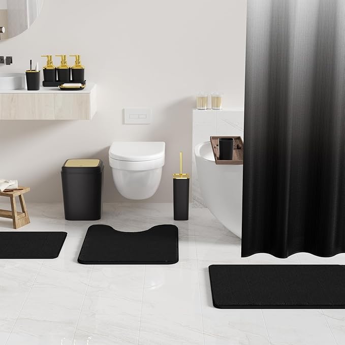 Bathroom Set - 27PC Bathroom Sets with Shower Curtain and Rugs, Black Bathroom Set, Black Bathroom Accessories Set with Push-lid Trash Can, Toilet Brush & Soap Dispensers