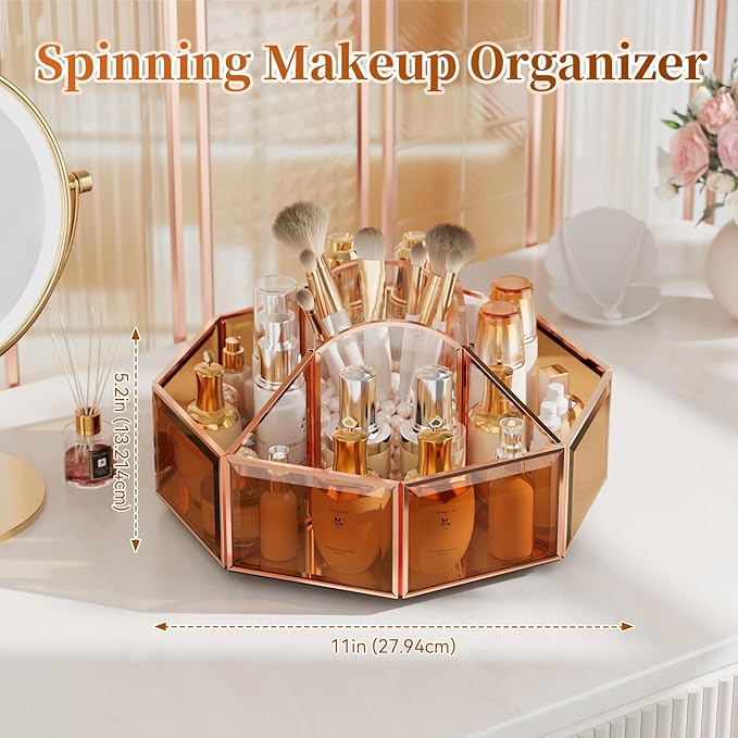 CoralHouse 360° Rotating Makeup Organizer Spinning Vanity Organizer with Makeup Brush Holder for Countertop, Bathroom Storage, Skincare, Perfume & Cosmetic Organizer for Vanity Amber