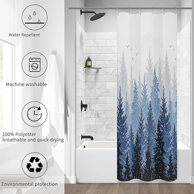 Hokibero Stall 36 x 72 Inches Tree RV Shower Curtains for Bathroom Mountain Blue Fabric Waterproof Half Size Shower Curtain 36 inch Wide