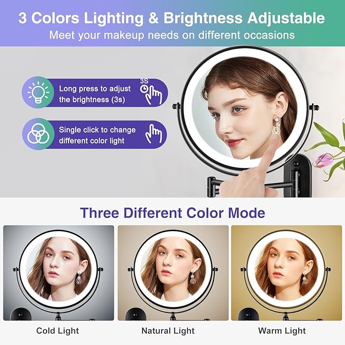 Wall Mounted Makeup Mirror with Light: 30X/1X 8.5'' Double Sided LED Magnifying Bathroom Mirror, Black