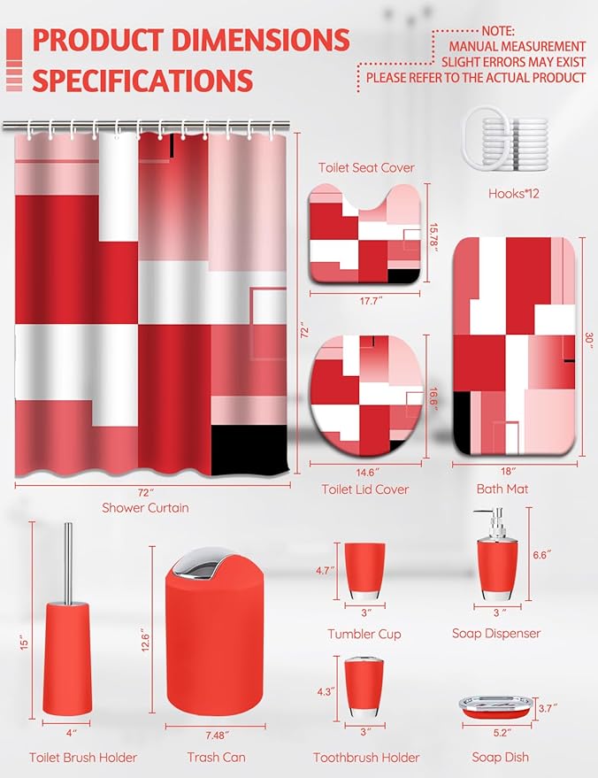 Lnond Red Bathroom Set, 22-Piece Red Geometry Bathroom Decor Set with with Shower Curtain and Rugs, Trash Can, Toilet Brush Holder Set & Soap Dispenser