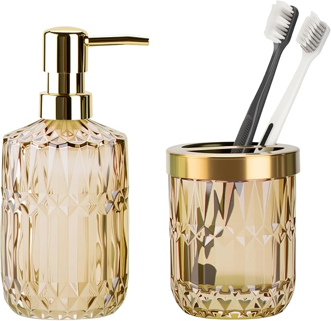 Glass Bathroom Accessories Set, 2PCS Clear Glass Bathroom Accessory, Toothbrush Holder and Soap Dispenser Set for Modern Bathroom Decor(Brown)