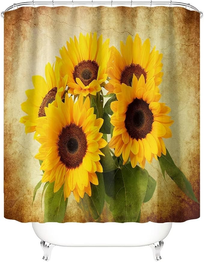 AZHM Sunflower Shower Curtain Sets with Rugs 4 Piece Flower Floral Decor for Bathroom Toilet Bathroom Mat, Curtain and 12 Hooks