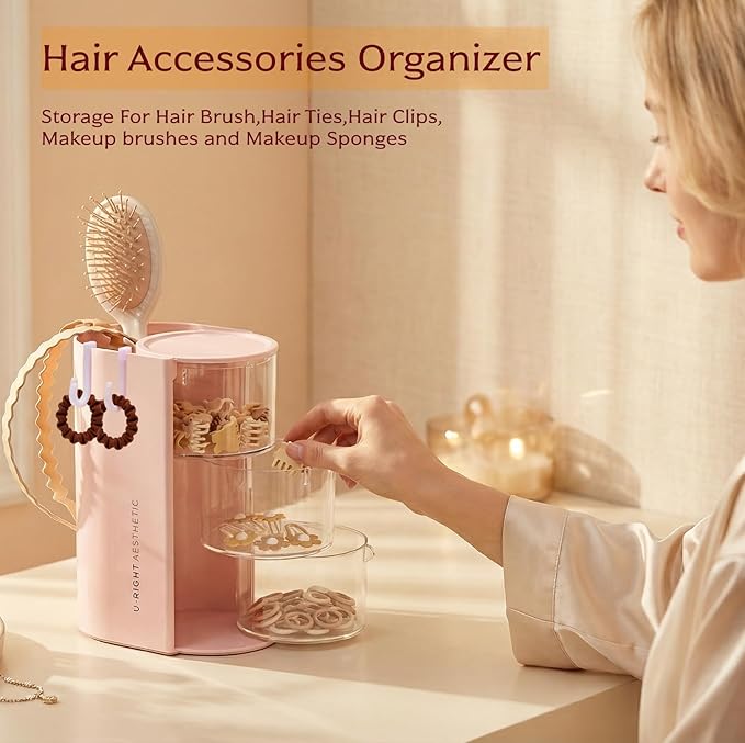 Girls Hair Accessories Organizer with Hair Brush Holder,Hair Organizer Storage With 2 Hooks For Girls,3 Layer Hair Tie Organizer (Pink)