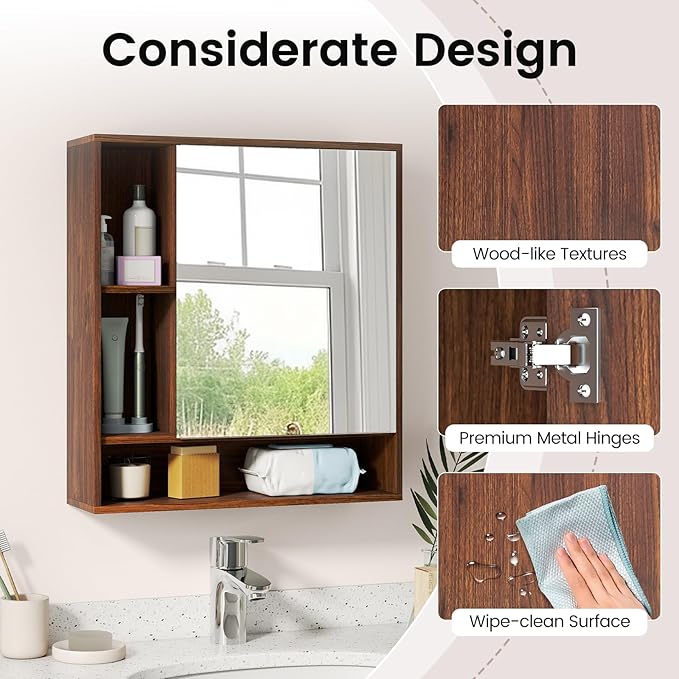 Giantex Bathroom Medicine Cabinet with Mirror, Wall Mounted Medicine Cabinet w/Single Door, 3 Open Shelves & Adjustable Shelf, Space-Saving Hanging Storage Cabinet for Living Room, Hallway (Walnut)