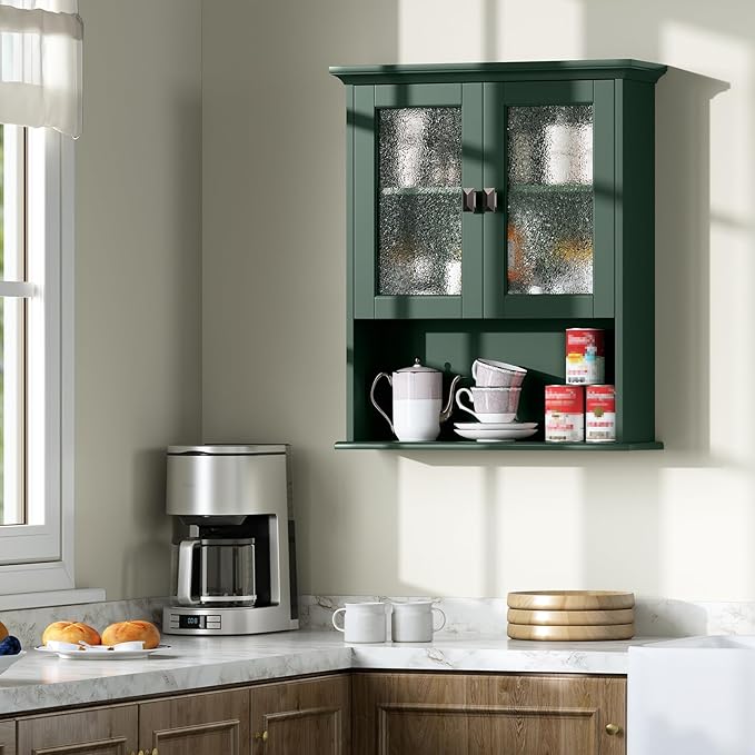 Bathroom Cabinet Wall Mount, Medicine Cabinet Over Toilet Storage Cabinet with Glass Door Build-in Spirit Level Cupboard Hanging Storage for Bathroom Laundry Kitchen Living Room (Forest Green)