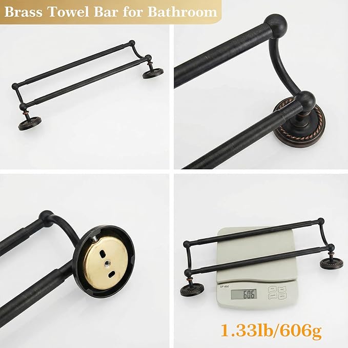 Brass Double Towel Bar, Adjustable Antique Black Towel Racks for Bathroom Wall Mounted Fits 14-25.4 Inch Centers, Heavy Duty Rustproof Bathroom Towel Rod Holder for Kitchen, Laundry Room, Hotel