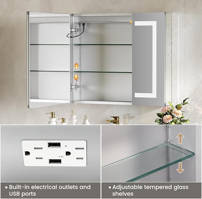 30x26 Inch Bathroom Medicine Cabinet with Mirror, Lighted Bathroom Mirror with Storage, Recessed /Surface Mount Medicine Cabinet with Socket & USB, Anti-Fog, 3 Colors Temperature, Dimmable Light