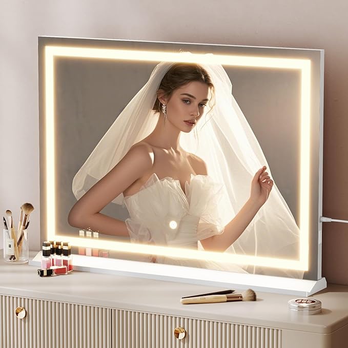 Memobarco Vanity Mirror with Lights, 24" x 32" Makeup Mirror with 3 Color Modes 5X Magnification & USB/Type-C Charging Port, Large LED Mirror for Bedroom Tabletop & Wall Mounted