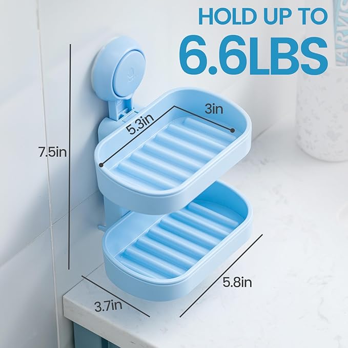 TAILI Soap Holder Soap Dish for Shower, Suction Cup Soap Holder for Shower Wall, Bathroom Accessories, Removable Strong Hold Soap Saver, Drill Free Double Soap Dish, Blue 2 Layer