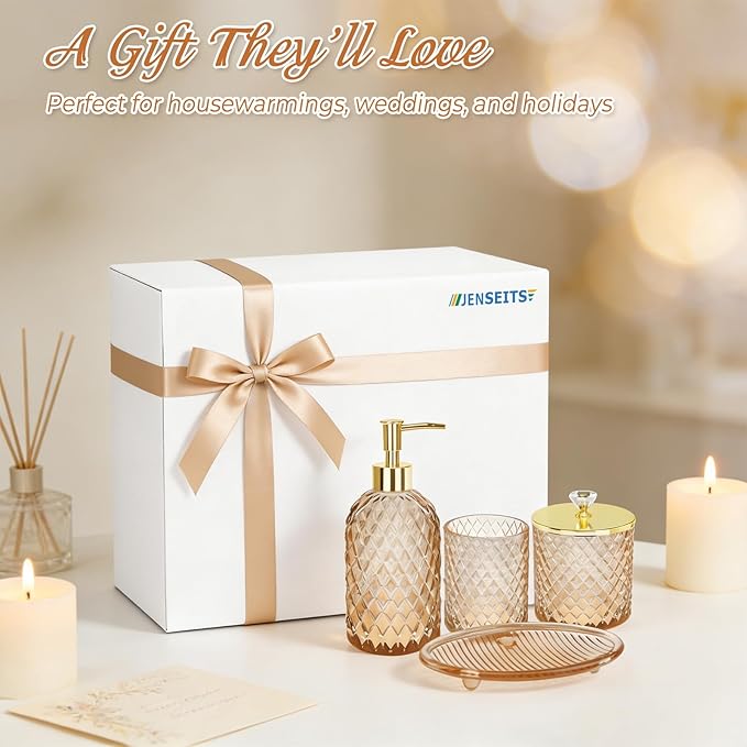 Jenseits Amber Glass Bathroom Accessories Set 4 Pcs - Vintage Diamond Pattern Bathroom Set with Gold Pump - Soap Dispenser, Tray, Toothbrush Holder, Qtip Holder - Rustic Farmhouse Decor