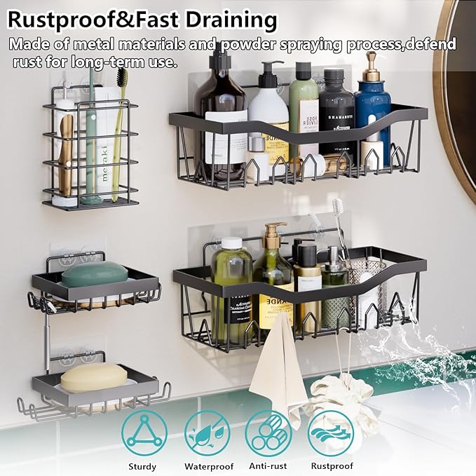 XLHOMO Bathroom Accessories Set - Gorgeous Bathroom Set, 28PC White Bathroom Accessory Set, Shower Curtain with 5PC Adhesive Corner Shower Caddy Hanging, Toilet Brush, Trash Can & Soap Dispenser