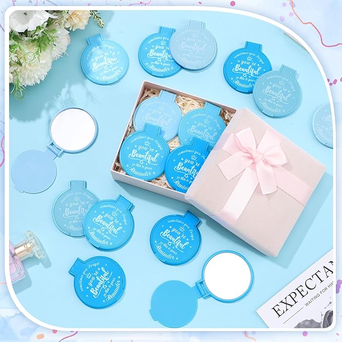 100 Pcs 2.76 Inch Inspirational Compact Mirror Bulk Women Small Gifts Graduation Party Favors Purse Mirror Pocket Mini Stuffer Items for Adult Coworker Cheerleader Employee (Blue Series)
