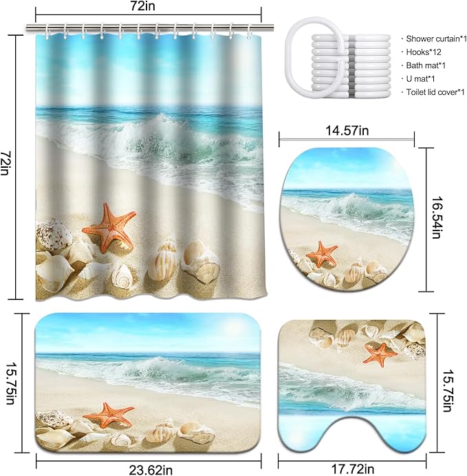 Lnond 4Pcs Summer Beach Bathroom Shower Curtain Sets with Rugs, Sand Starfish Seashell Bathroom Sets with Shower Curtain and Rugs and Accessories