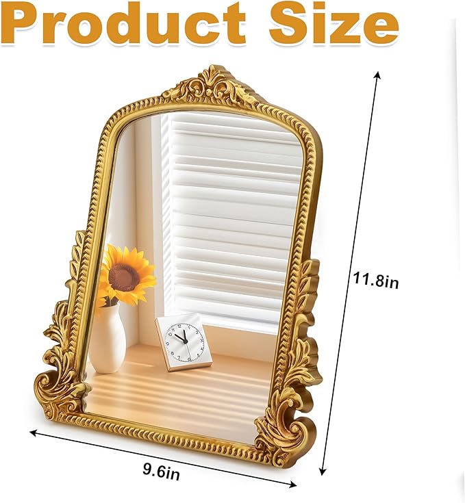 SIBAO Gold Vintage Baroque Vanity Mirror,11.8" x 9.6" Arched Tabletop Makeup Mirror with Stand and Hook,Free Standing for Bedroom,Living Room,Dresser Desktop