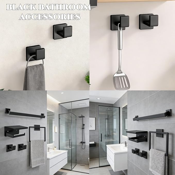 10Pcs Matte Black Bathroom Hardware Set, 24 Inch Towel Holder Accessories, Towel Rack Wall Mounted, Stainless Steel Square Hand Bar for Bathroom Shower Bath Kitchen Wall Mounted