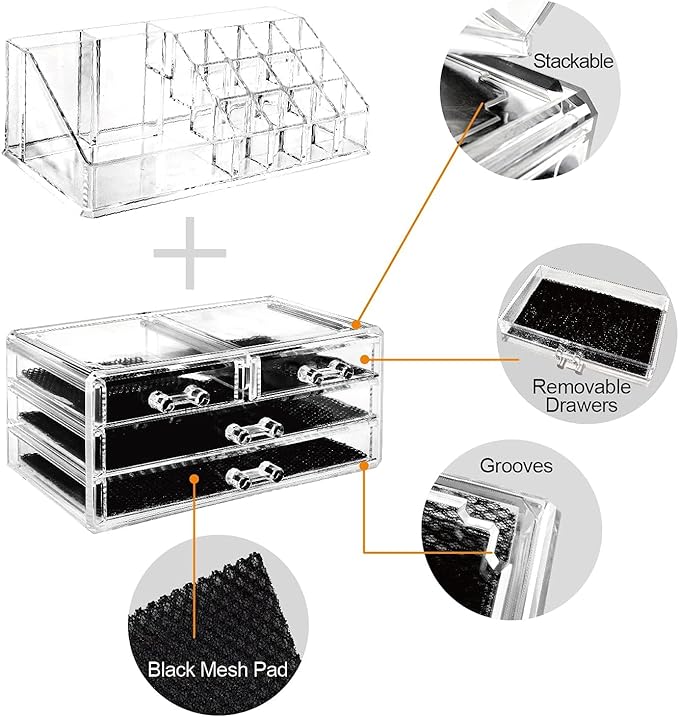 Acrylic Jewelry & Cosmetic Storage Display Boxes, 2 Pieces Set