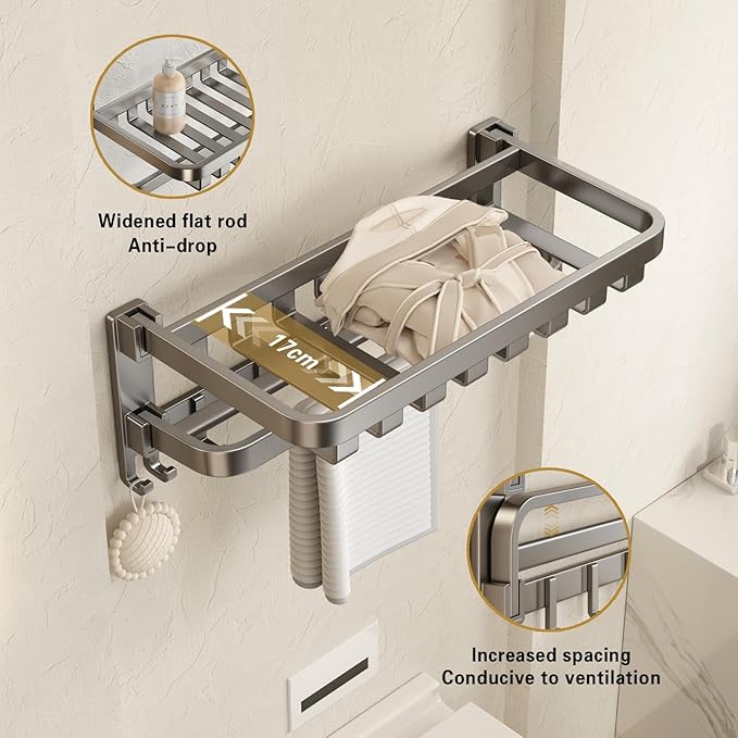 VOLPONE Bathroom Towel Rack with Double Towel Bar Foldable Towel Shelf Wall Mounted Towel Storage with Hooks No Assembly Required 24Inch Matte Grey