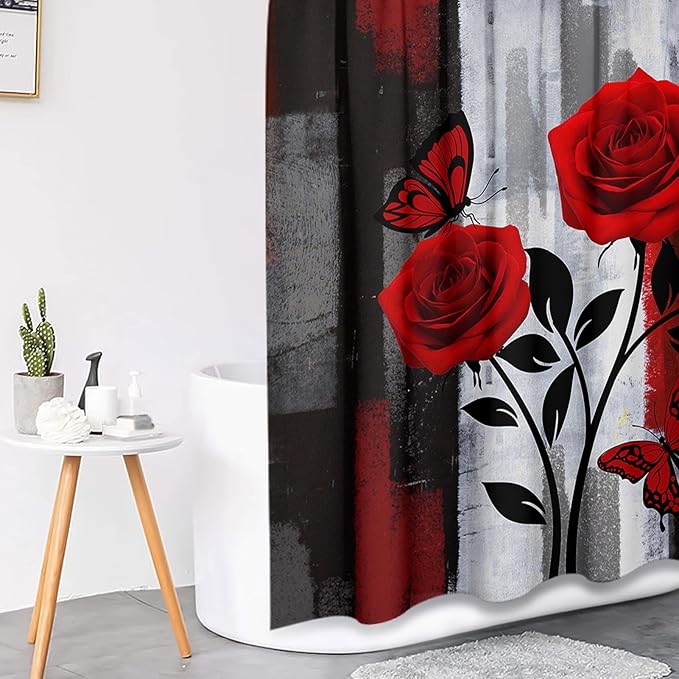 Pamnest 4 Pcs Shower Curtain Sets, Red Rose Flower Summer Grey Abstract Waterproof Bathroom Sets with Non-Slip Rugs, Toilet Lid Cover and Bath Mat, Accessories Modern Home Bathroom Decor 72" X 72"