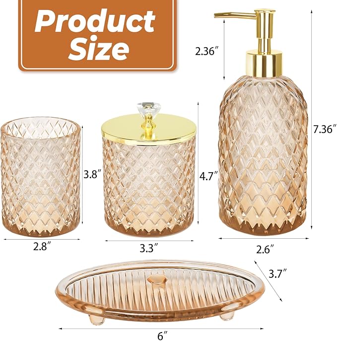 Jenseits Amber Glass Bathroom Accessories Set 4 Pcs - Vintage Diamond Pattern Bathroom Set with Gold Pump - Soap Dispenser, Tray, Toothbrush Holder, Qtip Holder - Rustic Farmhouse Decor