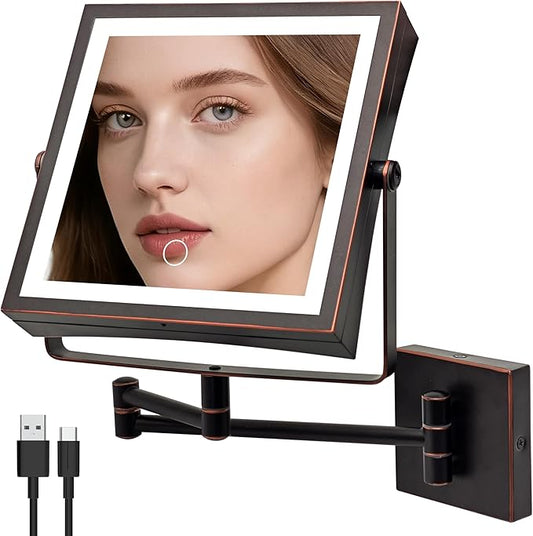 Wall Mounted Lighted Makeup Mirror, Rechargeable Double-Sided 1X/10X Magnifying Mirror with Light, Touch Dimmable 3 Color Lights, 360° Rotation Extendable Arm (Oil Rubbed Bronze)