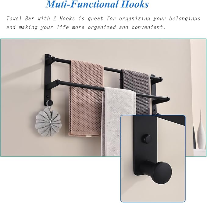 Matte Black Double Towel Rack with Hooks for Bathroom, 24 Inch Stainless Steel Wall Mounted Towel Bar Holder