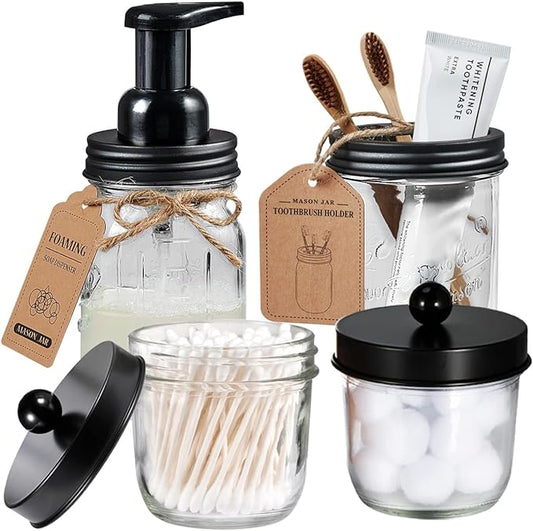 Amolliar Mason Jar Bathroom Accessories Set(4 Pack) - Foaming Soap Dispenser&Qtip Holder Set&Toothbrush Holder-Rustic Farmhouse Decor Bathroom Organizer Apothecary Jar Country Countertop (Black)