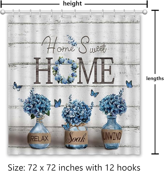 Farmhouse Shower Curtain, Navy Blue Hydrangea Flower Rustic Bathroom Decor with Waterproof Fabric, Country Style Home Sweet Home Shower Curtains for Vintage Bathroom, 72x72 Inch