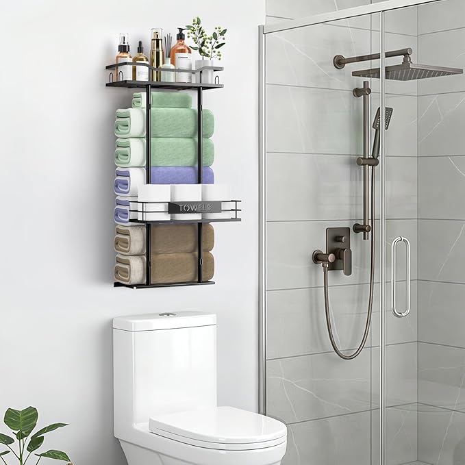 Towel Racks for Bathroom, 30inch Wall Mounted Towel Rack, Towel Storage for Small Bathroom Can Holds 6 Large Towels, Floating Shelf with Adjustable Tissue Basket(Black).