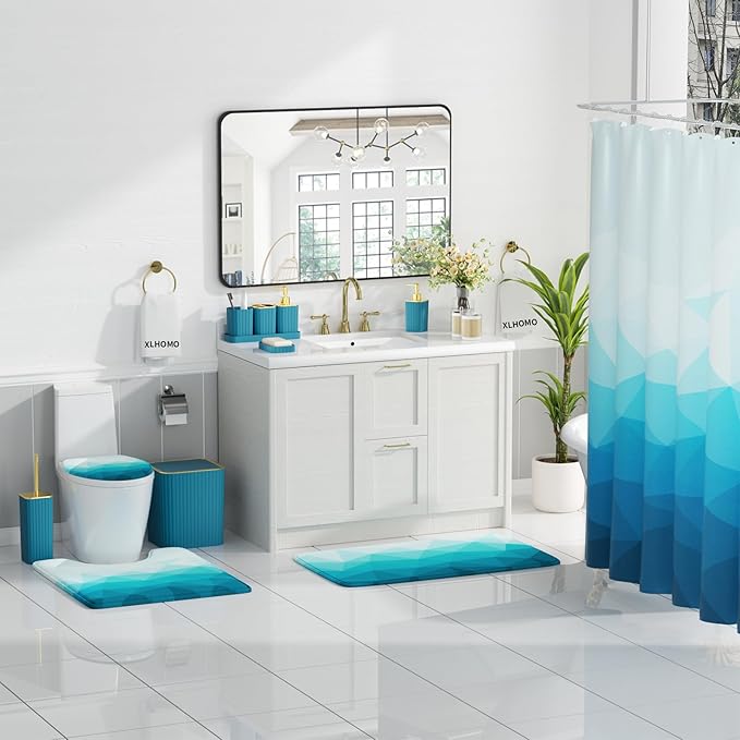 XLHOMO Bathroom Accessory Set - 26PC Bathroom Shower Curtain and Rug Set, Bathroom Accessories Set, Teal Bathroom Set with Trash Can, Toilet Brush, Qtip Holder & Soap Dispenser
