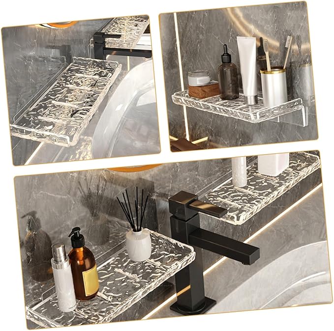 2pcs Floating Wall Shelf Bathroom Storage Rack Transparent Wave Pattern No-Drill Mount Organizer for Toothbrushes Cups Toothpaste Kitchen Bedroom