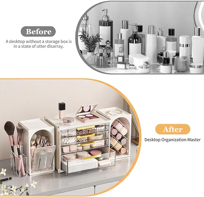 4-Tier Drawer Makeup Organizer, 3-in-1 Free Combination Cosmetic Storage with Lipstick Holder & Brush Rack, Skincare Organizer with Mini Tray for Vanity Bathroom Bedroom Dorm