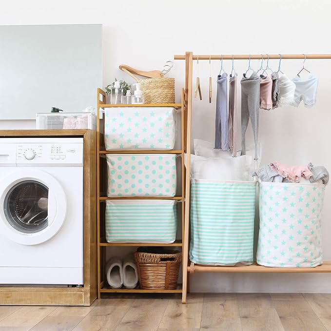Sea Team 19.7 Inches Large Sized Waterproof Coating Ramie Cotton Fabric Folding Laundry Hamper Bucket Cylindric Burlap Canvas Storage Basket (19.7", Stripe/Mint)