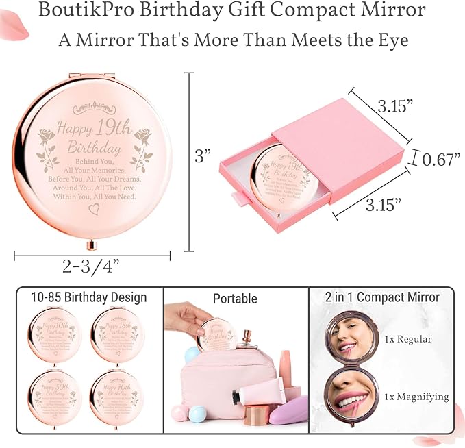 Birthday Gifts for Women Makeup Mirror 10th-85th Birthday Gifts for Sister Mom BFF Daughter Grandma Granddaughter - Milestone Birthday Presents 2-in-1 Compact Mirror (19th Birthday)