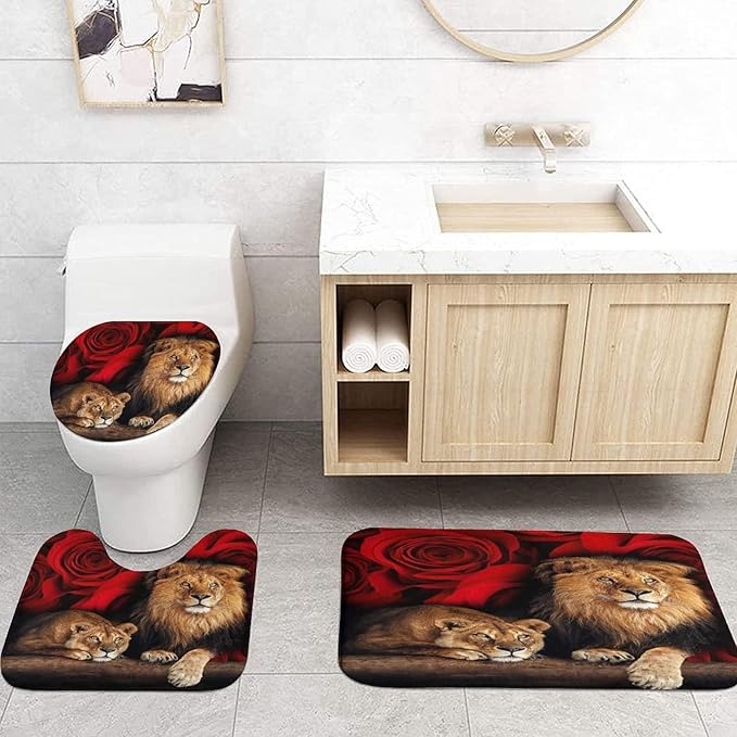 jieprom 4PCS Red Rose and Lion Shower Curtain Bathroom Set with Rugs, Toilet Lid Cover and Bath Mat, Red Shower Curtain with 12 Hooks, Complete Bathroom Accessories Decor Set
