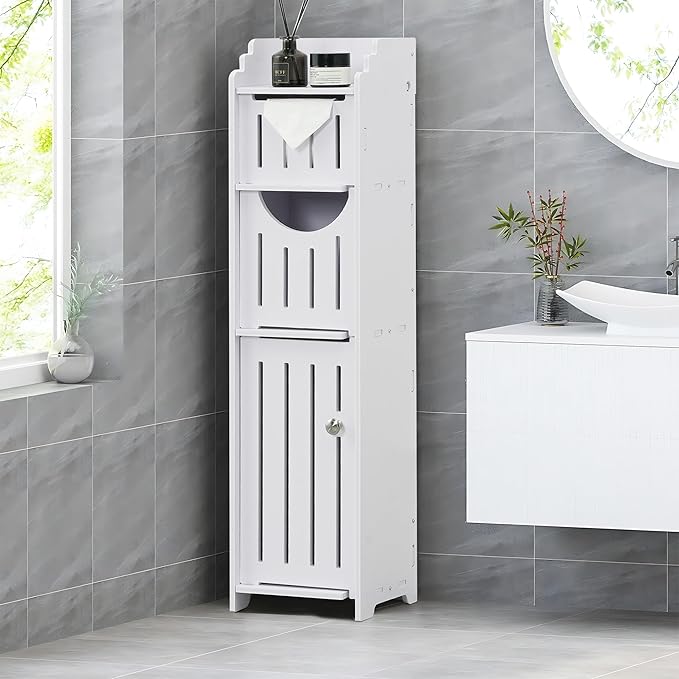 VECELO Bathroom Cabinet, Small Storage Cabinet with Toilet Paper Scroll,Corner Cabinet with Farmhouse Style Door for Bathroom Narrow Corner Space,Pearl White