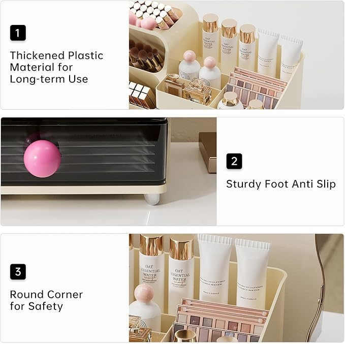 Makeup Organizer for Vanity with Brush Holder, Countertop Skincare Organizer with 2 Drawers, Spacious Cosmetic Display Case for Perfumes, Eyeshadow Palettes, Nail Polishes