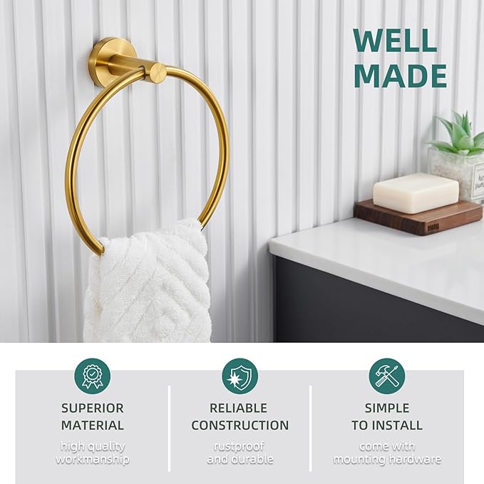 Angle Simple Bathroom Towel Ring Brushed Dark Gold, SUS304 Stainless Steel Modern Towel Holder, Swivel Hand Towel Rack Wall Mounted
