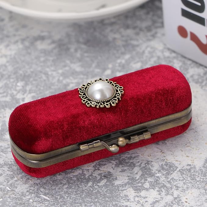 Alipis Retro Velvet Lipstick Organizer Box with Mirror Compact Cosmetic Storage Case Portable Lip Balm Holder 3.93X1.37X0.98 Inches Vintage Makeup Organizer for Travel and Daily Use