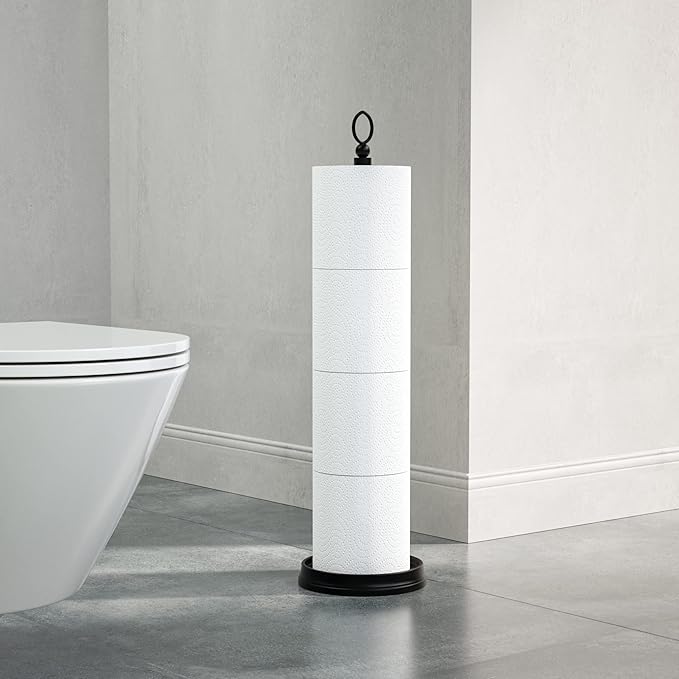 ROLABAM Heavy Weighted Toilet Paper Holder (with Reserve Function) Free Standing, Spare Toilet Paper Roll Storage Stand for Bathroom Total Height 22.5" ，Matte Black