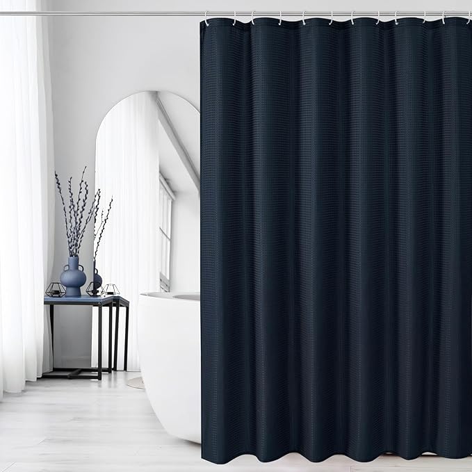 Gibelle Small Stall Shower Curtain 36 x 72, 230GSM Narrow Half Waffle Weave Textured Fabric Shower Curtain for Bathroom, Water Repellent, Machine Washable, Navy Blue