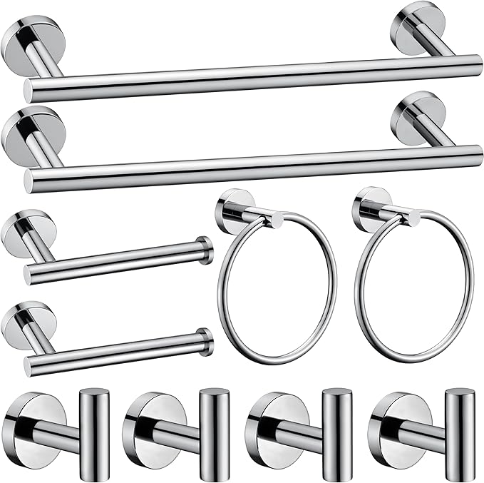 10 Pieces Polished Chrome Bathroom Hardware Accessories Set,Hand Towel Ring,16 inch Towel Bar,Toilet Paper Holder,4pcsTowel Hooks,Round SUS304 Stainless Steel Heavy Duty Wall Mount Holder,Towel Rack